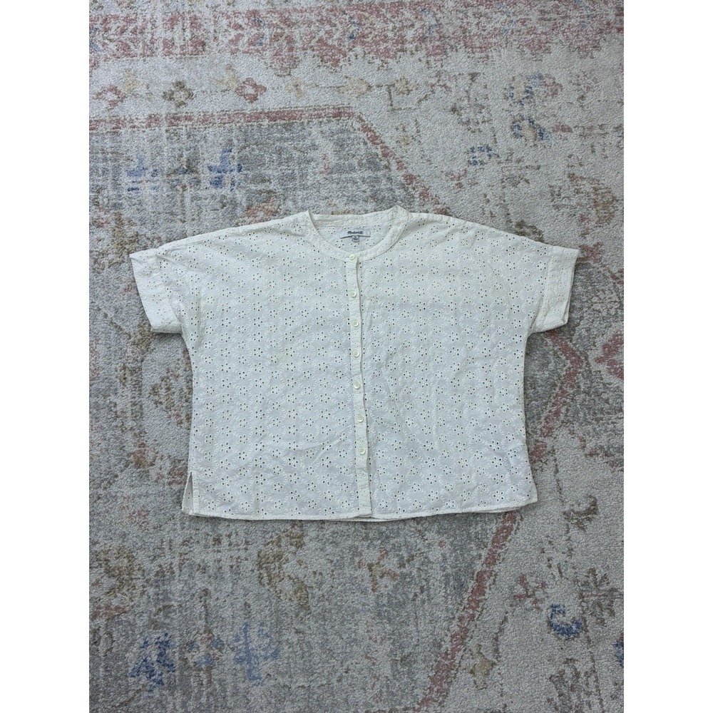 Boxy Boho Madewell White 100% Cotton Eyelet Button Down Cottagecore Top XS